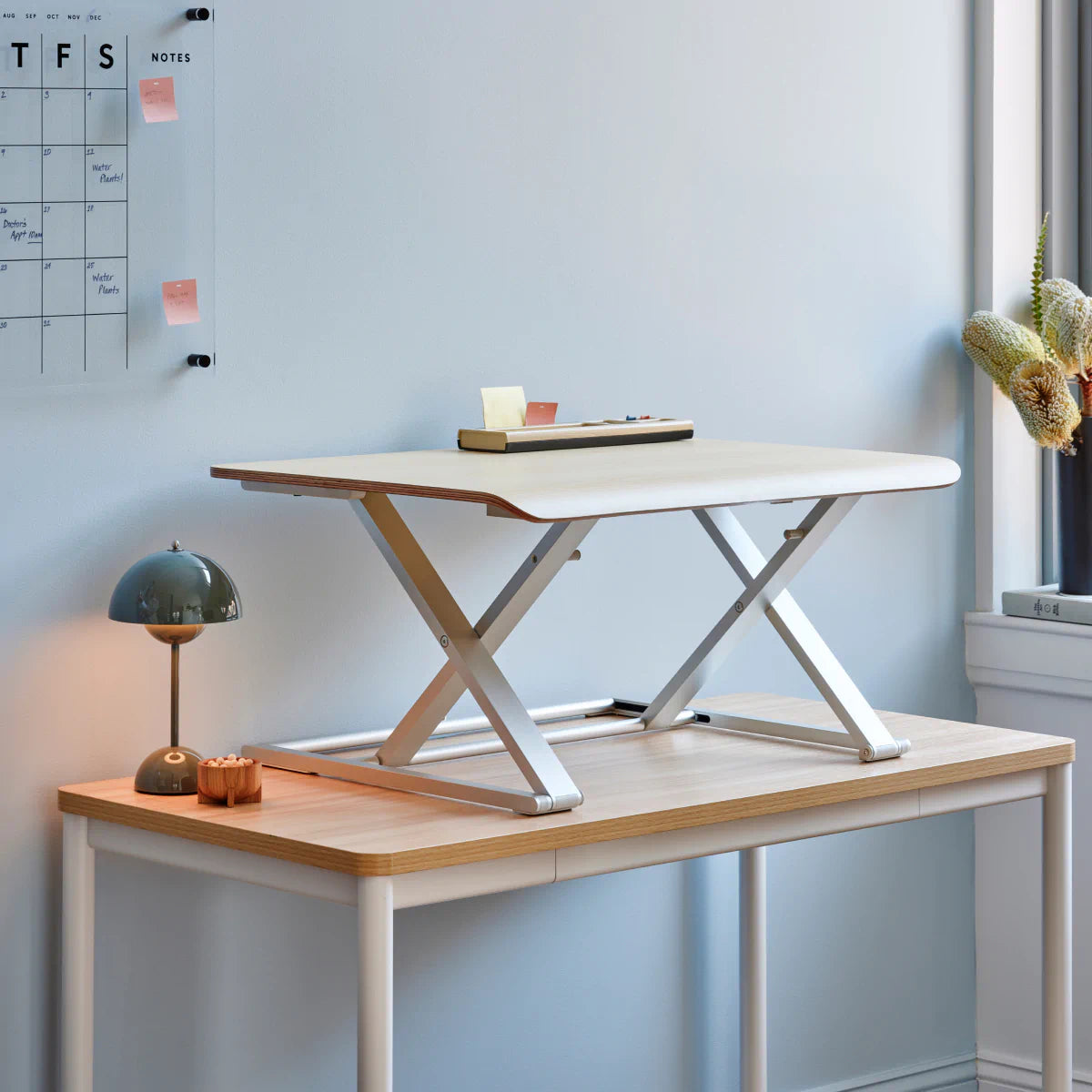 Branch Desk Riser in Woodgrain finish raised on a separate fixed-height desk; the room scene and its contents are not an included equipment list