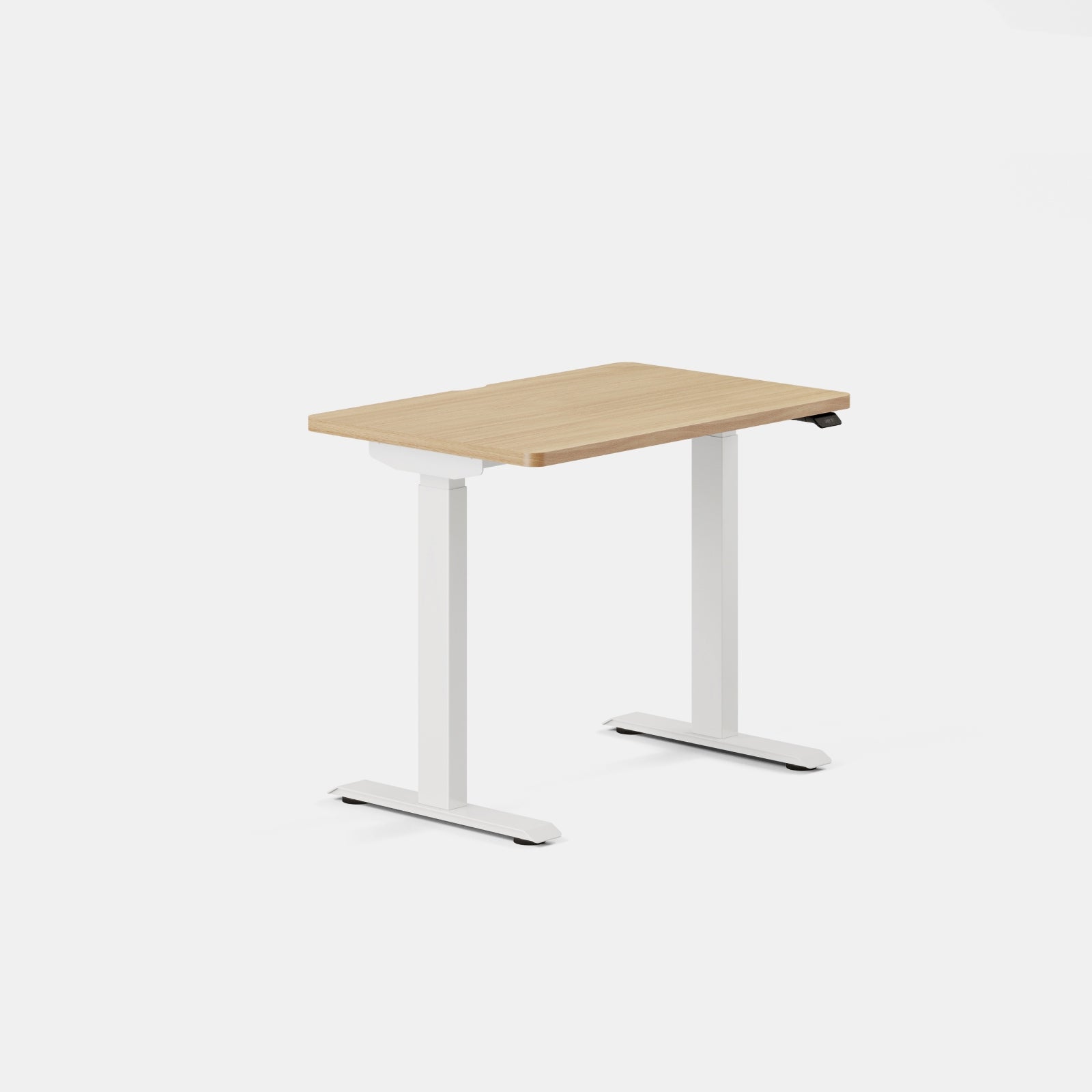 Branch Duo 36 × 24 inches adjustable desk with Woodgrain top and White legs, manufacturer product view.