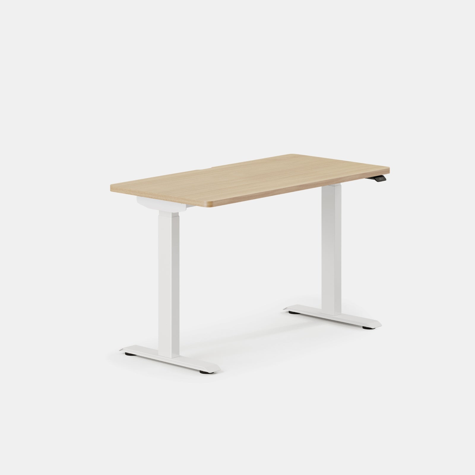 Branch Duo 48 × 24 inches adjustable desk with Woodgrain top and White legs, manufacturer product view.