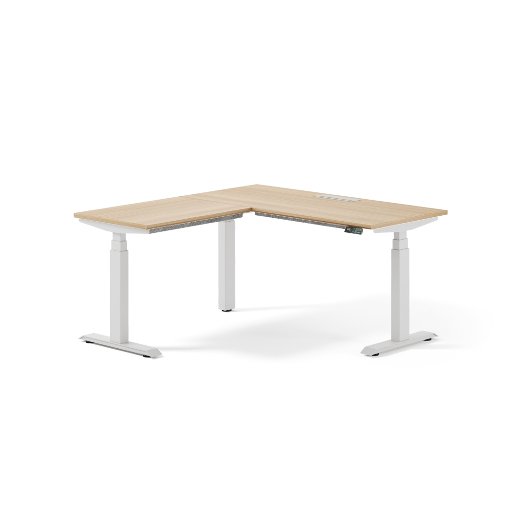 Branch L-Standing Desk product view: Woodgrain top and white frame, left return, 58 × 27-inch main desktop.