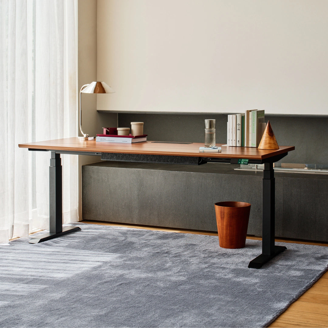 Branch Tria standing desk with Walnut-finish top and Charcoal legs; image does not identify size or optional accessories