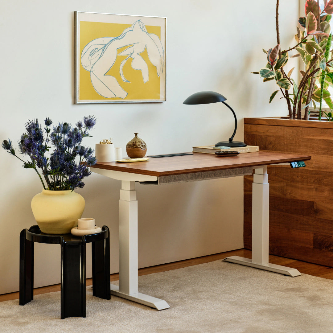 Branch Tria standing desk with Walnut-finish top and White legs; manufacturer image does not identify size or optional accessories