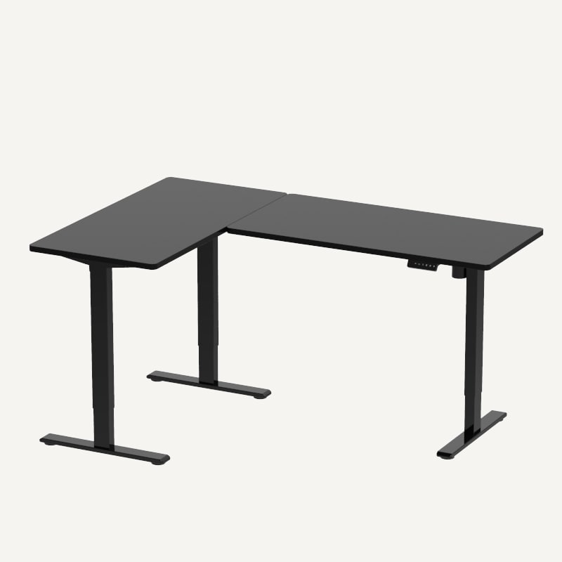 FlexiSpot E2L L-shaped standing desk rendering with a three-foot frame