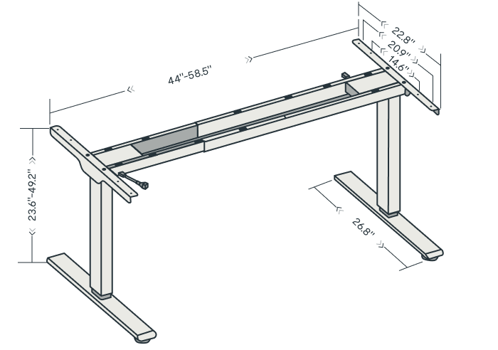 Technical drawing of the FlexiSpot E5 Lite two-leg height-adjustable frame, without a tabletop