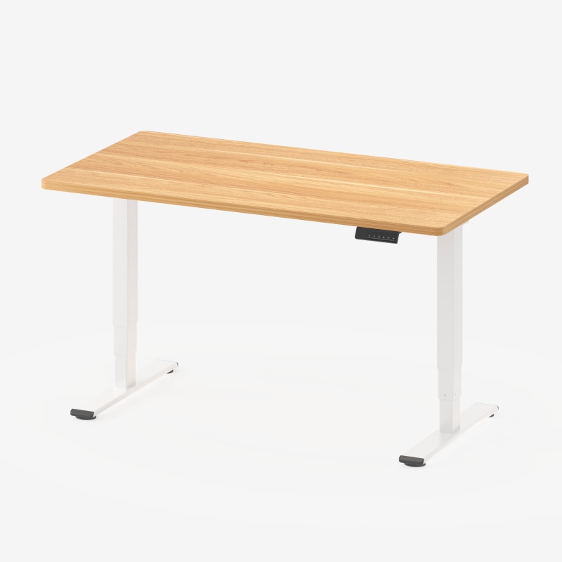 FlexiSpot E5-V3 two-leg desk with a pale wood tabletop and white frame