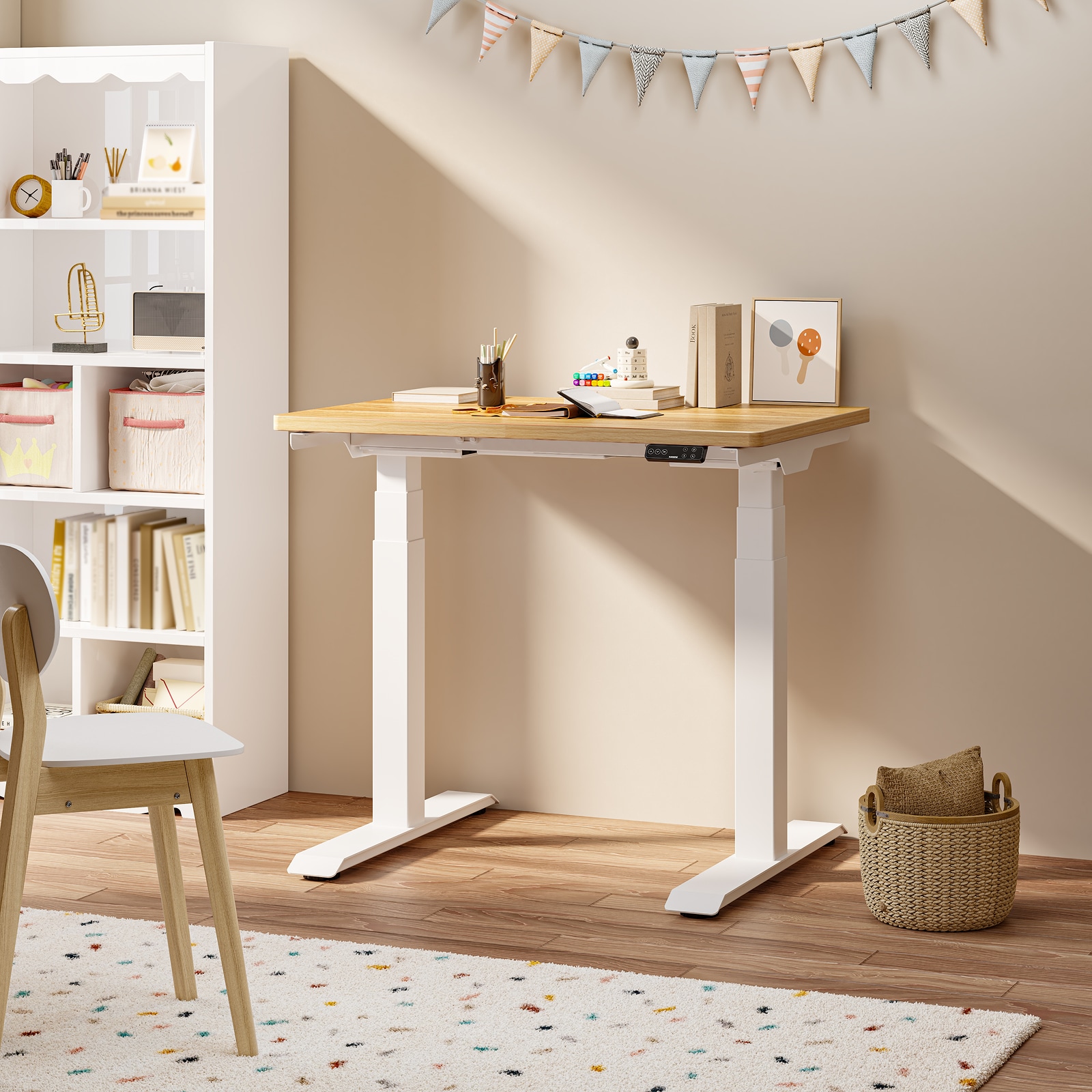 FlexiSpot E7 Mini two-leg standing desk with a pale wood-look top and white frame