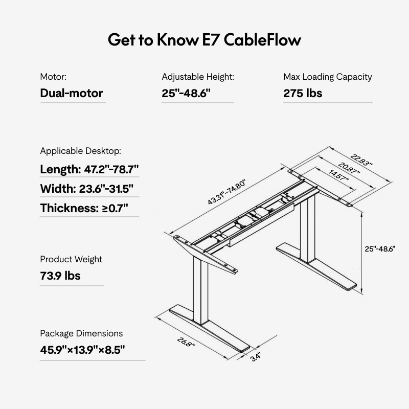 FlexiSpot E7 Pro CableFlow two-leg adjustable frame with dimensions; no desktop shown