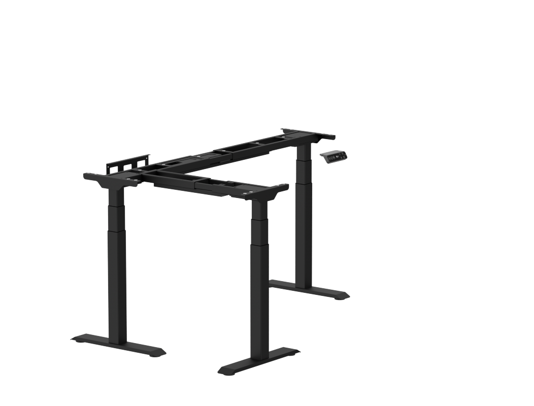 FlexiSpot E7L 2.0 three-leg L-shaped black adjustable frame, shown without a desktop
