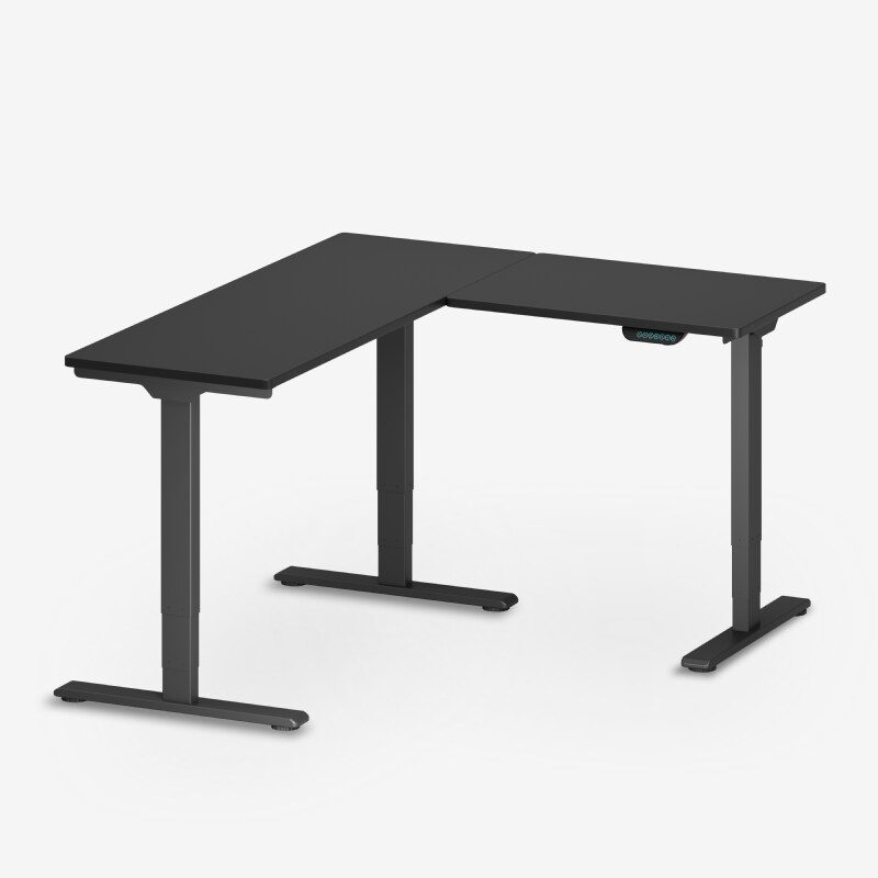 FlexiSpot E7L-Lite three-leg L-shaped desk with a black two-panel top