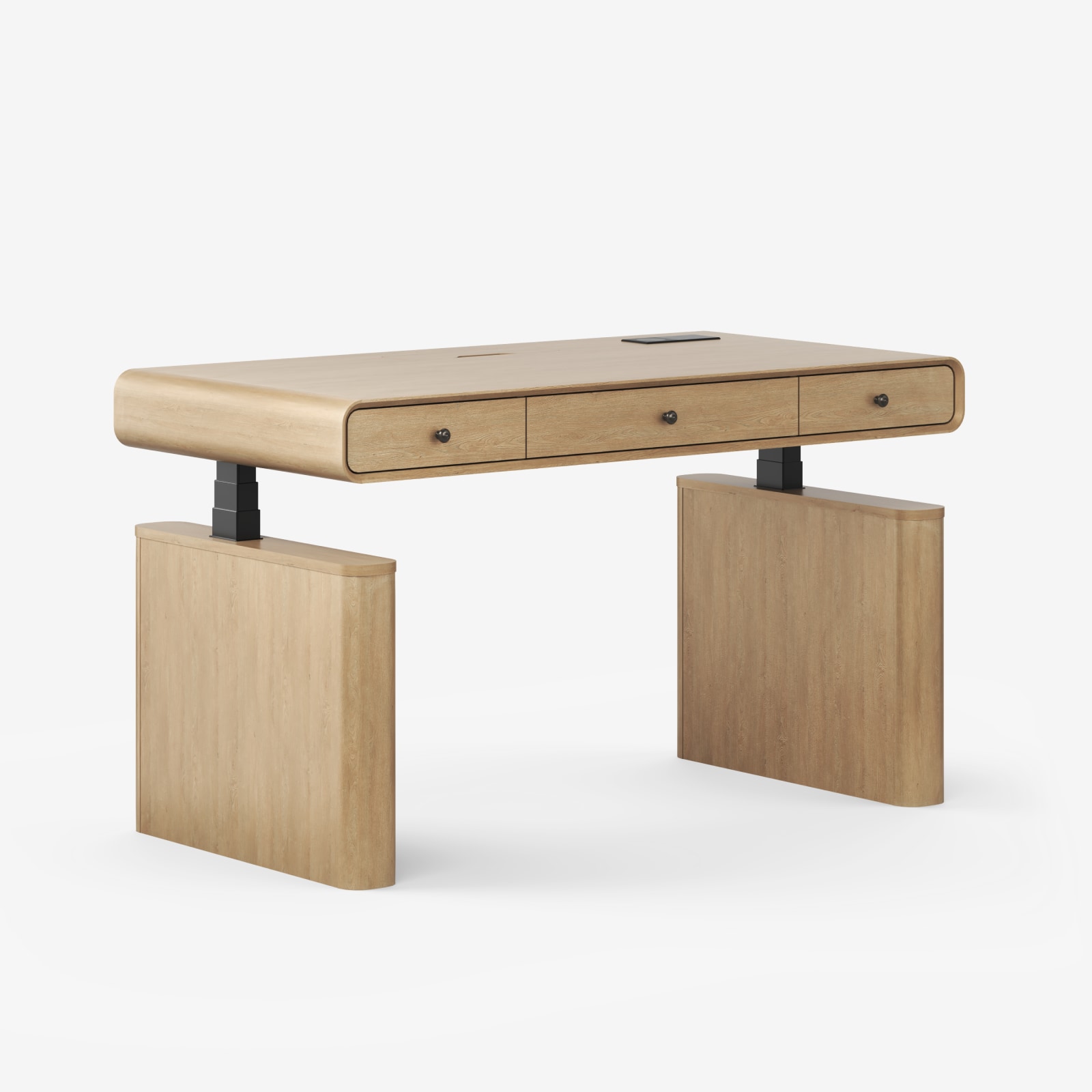 FlexiSpot Fusion Nordic Natural Oak standing desk with three drawer fronts and furniture-style side supports