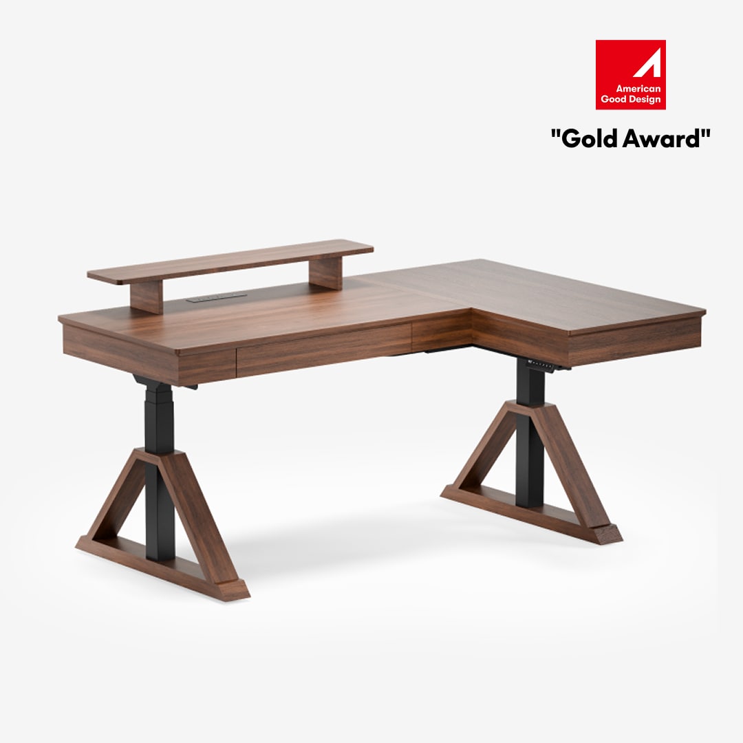 FlexiSpot Fusion Retro L corner desk with raised shelf and L-shaped top