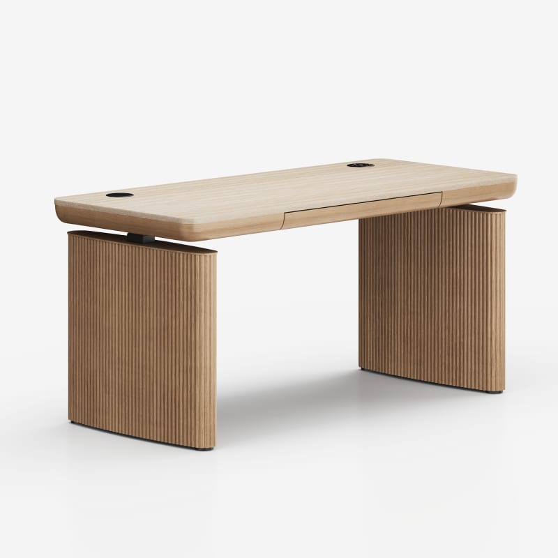 FlexiSpot Fusion Stria Natural Oak standing desk with fluted side supports and a built-in center drawer