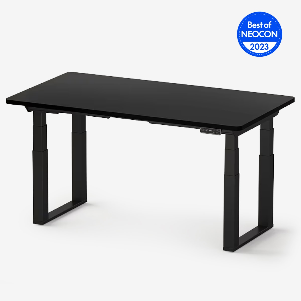 FlexiSpot Odin E7Q four-column standing desk with a black desktop