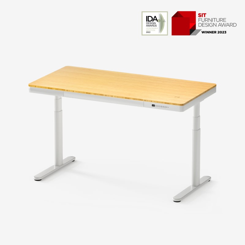 FlexiSpot Comhar Pro Q8 complete standing desk with a white frame and bamboo desktop