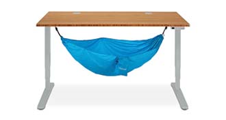UPLIFT ACC042 blue under-desk hammock selector image attached to a generic desk; it does not prove compatibility with the reviewed V3 and walking-pad configuration