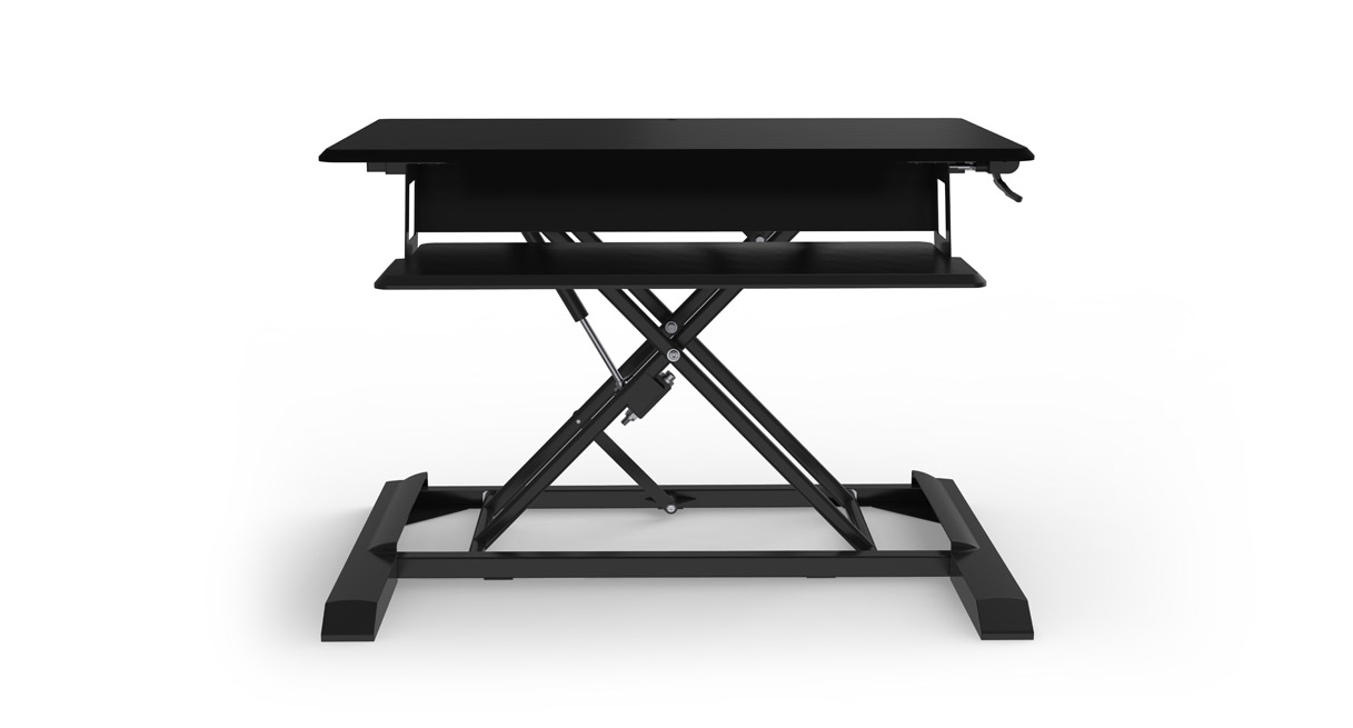 UPLIFT ATX UDA123 desktop converter in black finish, raised, without a host desk or monitor arm