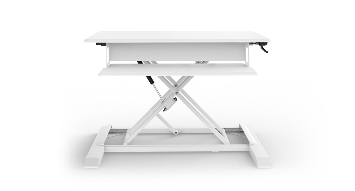 UPLIFT ATX UDA123 desktop converter in white finish, raised, without a host desk or monitor arm