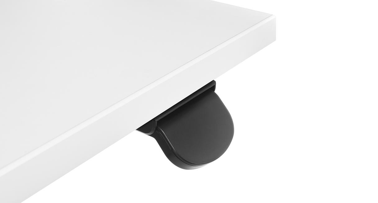 Black UPLIFT Advanced Paddle Keypad FRM055-BLK pictured beneath a light desktop; the keypad component only, not the complete selected standing desk