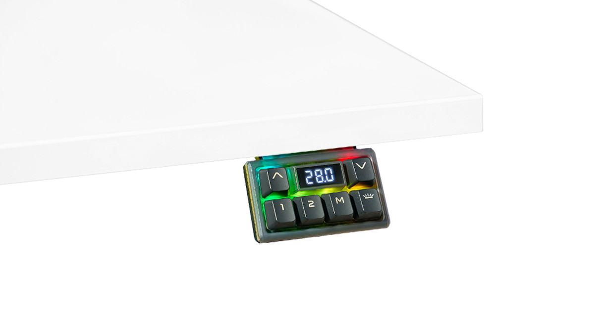 Black UPLIFT FRM076 RGB keypad mounted under a light desktop; keypad component only, not the complete selected black desk