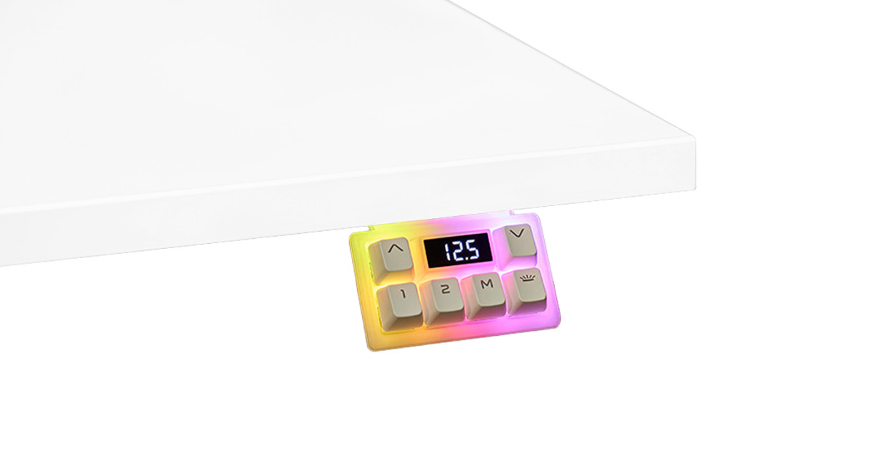 White UPLIFT FRM076 RGB keypad lit under a light desktop; keypad component only, not the complete selected desk