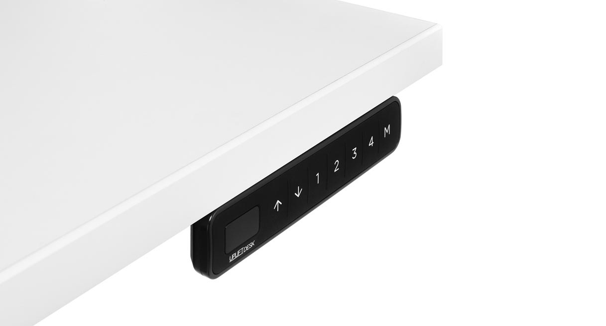 Black UPLIFT FRM703 flush keypad pictured beneath a light desktop; keypad component only, not the complete selected desk