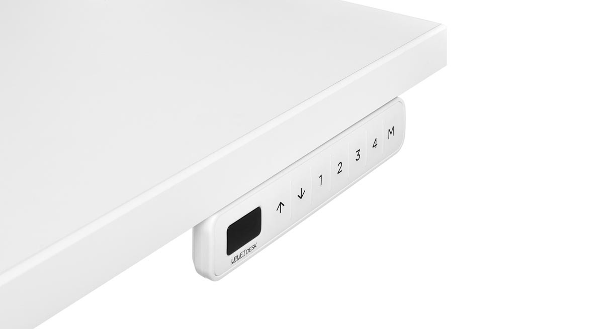 White UPLIFT FRM703 flush keypad under a light desktop; keypad option only, not the complete selected black desk