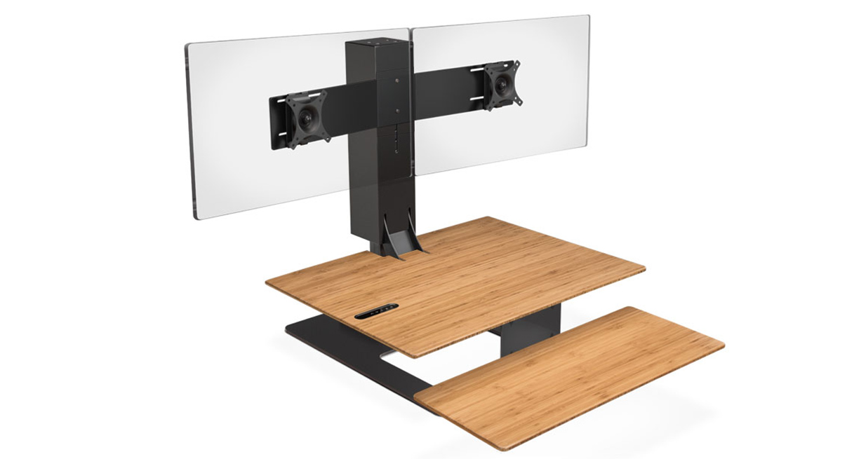 UPLIFT E7 UDA115-A converter with Bamboo-labeled surface, black base and black dual-monitor mount