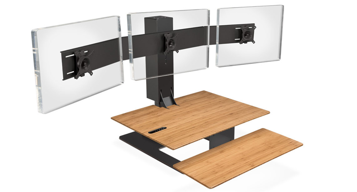 UPLIFT E7 UDA115-A converter with Bamboo-labeled surface, black base and black triple-monitor mount