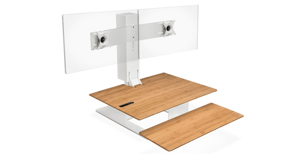 UPLIFT E7 UDA115-A with Bamboo-labeled surface, white base and white dual monitor mount