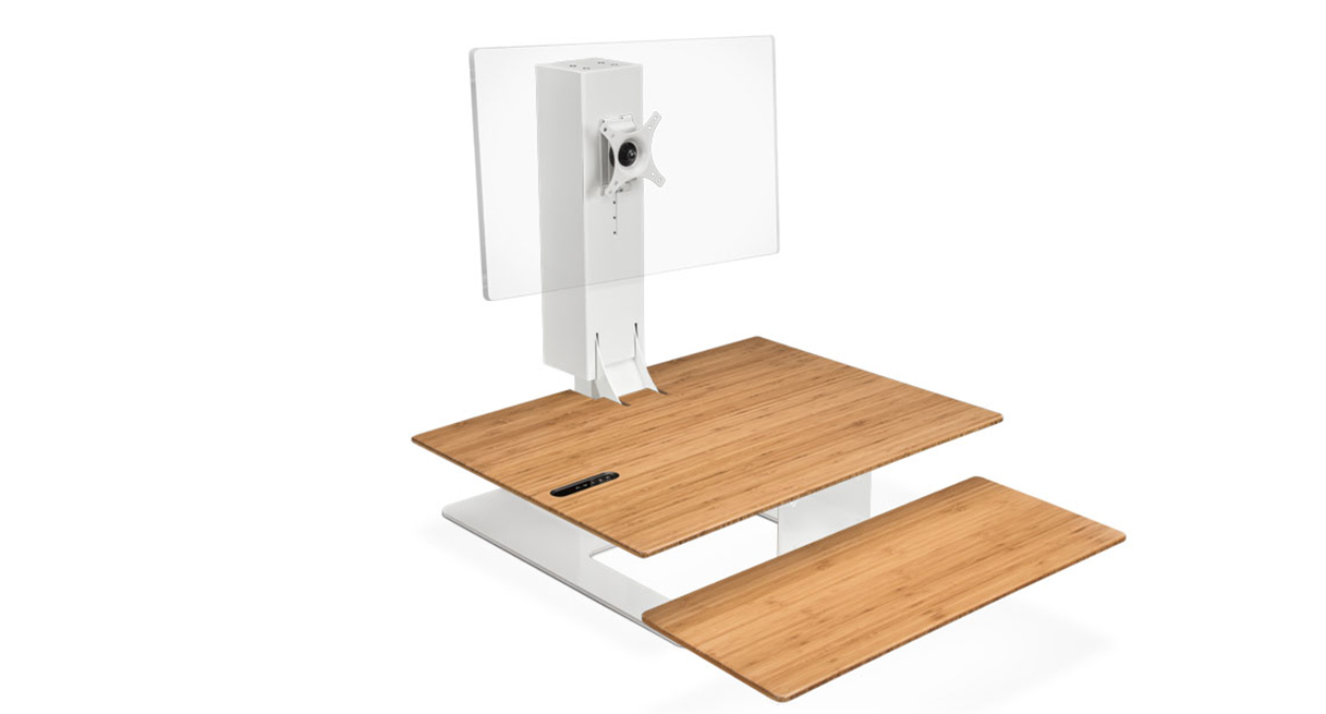 UPLIFT E7 UDA115-A with Bamboo-labeled surface, white base, and white single monitor mount