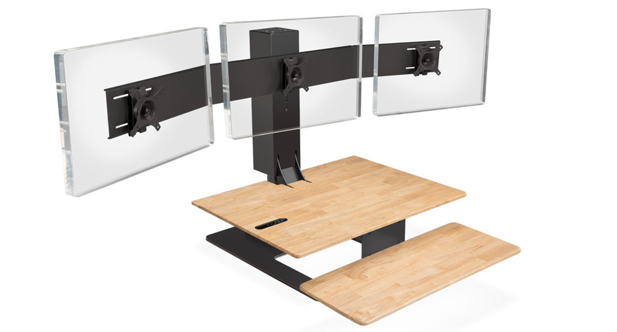 UPLIFT UDA115-A converter in Natural Rubberwood with black base and three blank display plates on a black crossbar