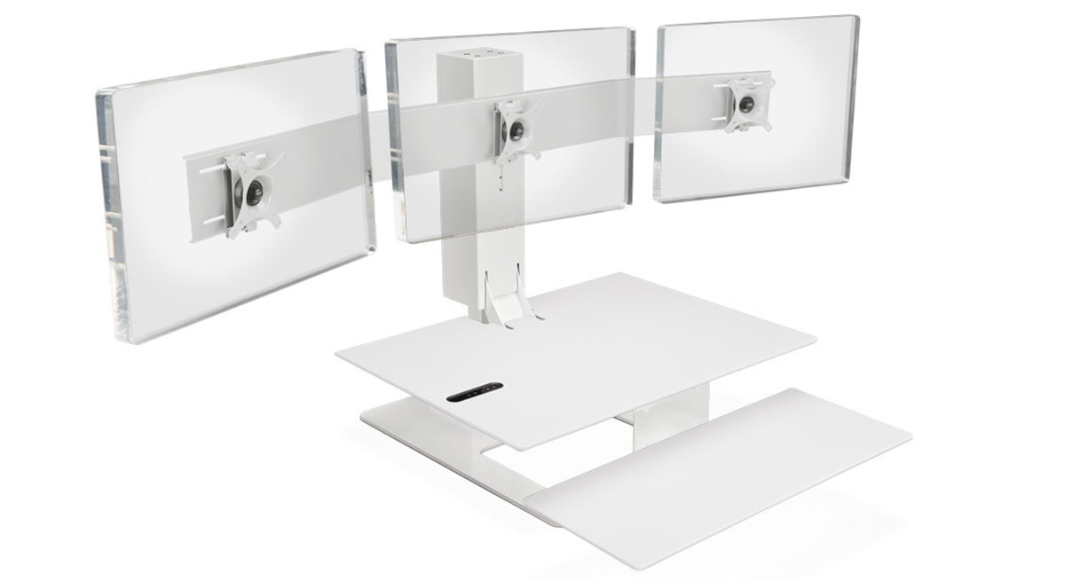 UPLIFT E7 UDA115-A with White Eco-labeled surface, white base, and white triple monitor mount