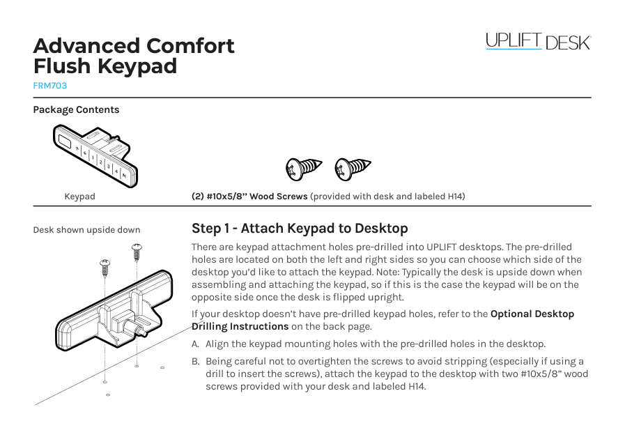 UPLIFT FRM703 Advanced Comfort Flush Keypad package and mounting diagram from the manufacturer instructions.