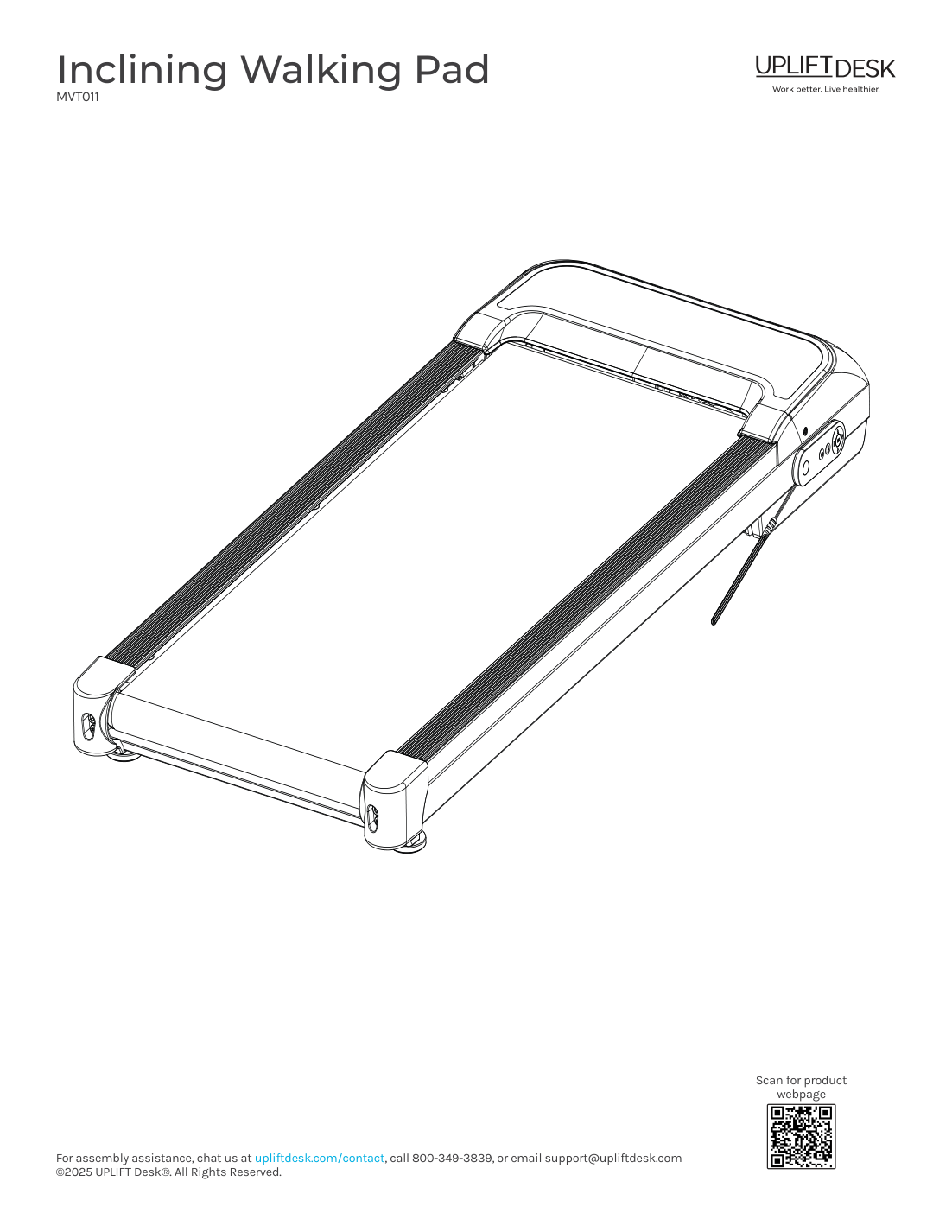 UPLIFT Inclining Walking Pad MVT011 manufacturer manual cover diagram; no desk top or frame shown.