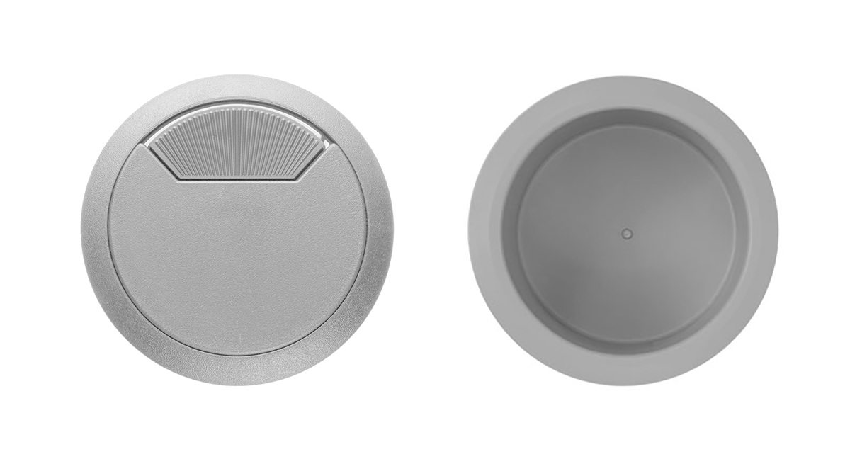 Gray storage cup and rotating cable-cover grommet tops