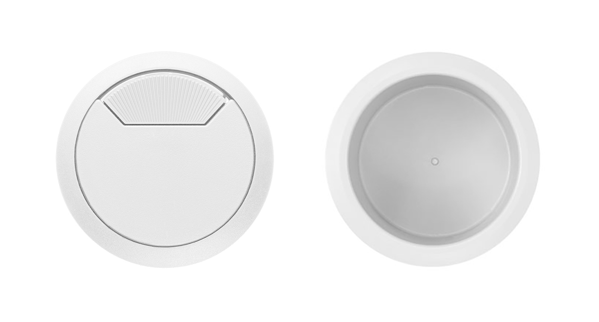 White storage grommet cup top beside a white rotating cable-cover grommet