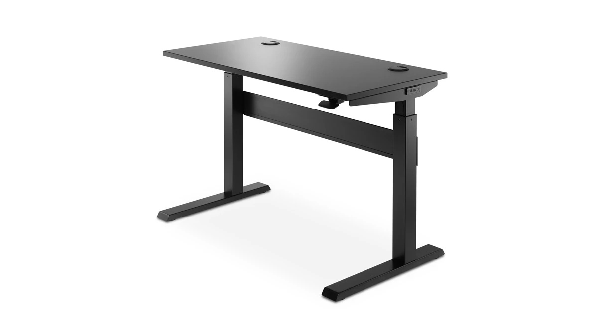 UPLIFT Pneumatic Standing Desk with a 48 × 24-inch Black Laminate top, black frame and two black grommet covers; no casters shown.