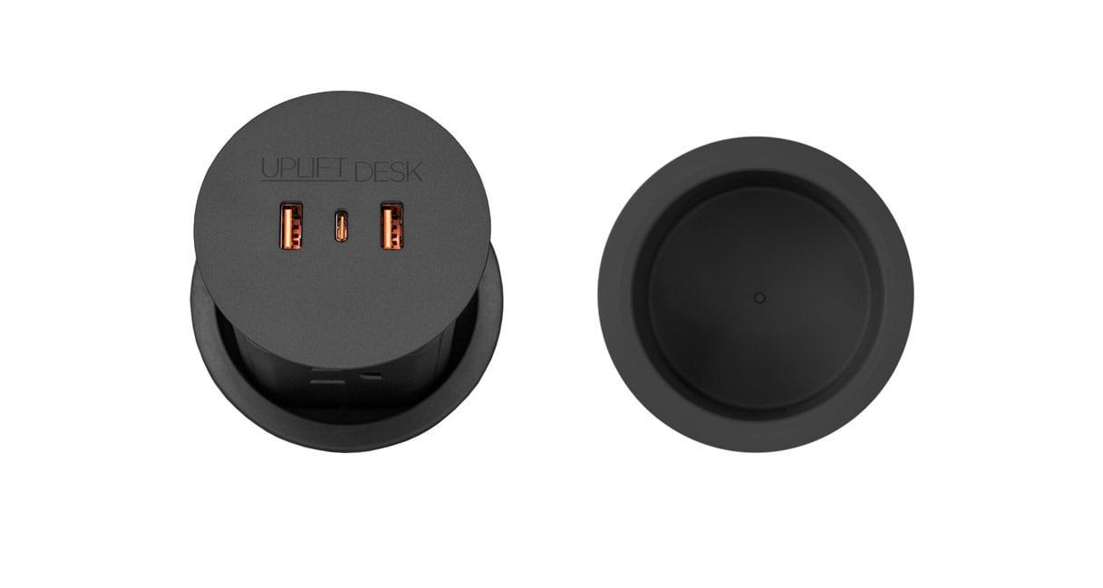 UPLIFT selector illustration of the black PDC013 pop-up power module and separate ACC059 storage-grommet top