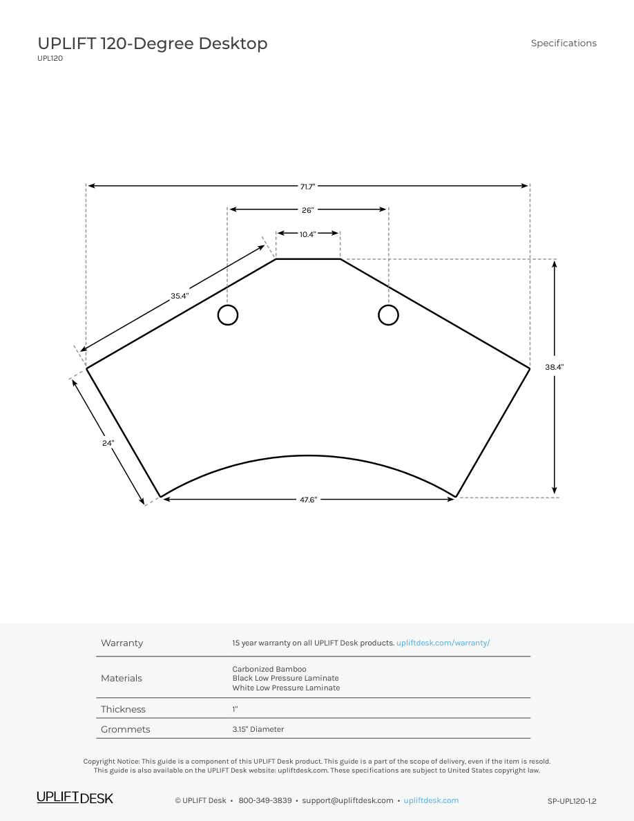 UPLIFT UPL120 technical plan view with the 120-degree desktop outline and dimensions.