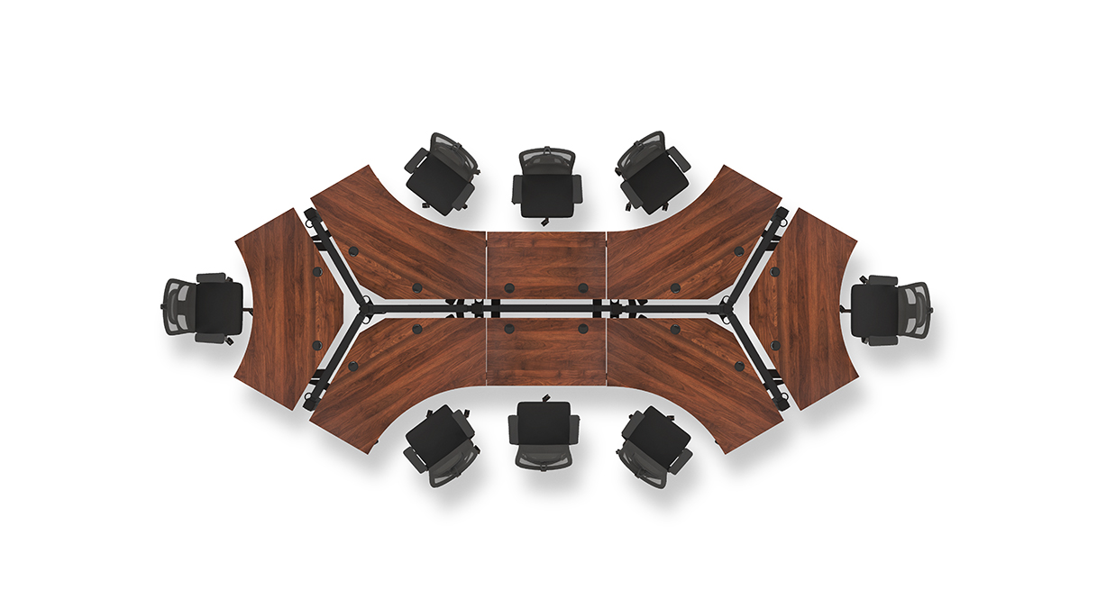 UPLIFT maker overhead arrangement of 120-Degree UPL120 desks; selected Bamboo finish, black frame, keypad and dual power modules are not shown.