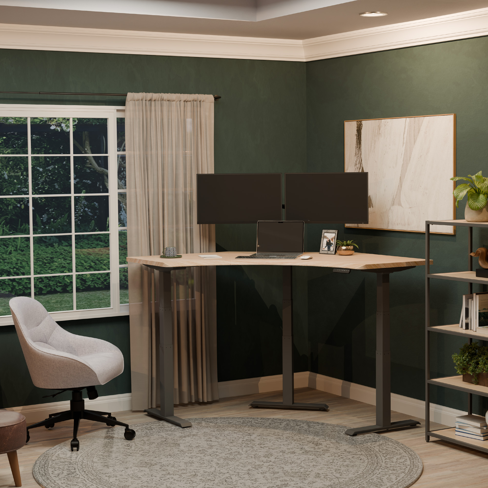 Vari Command Center Electric Standing Desk in Light Wood/Slate seller SKU 402848, showing its curved wraparound desktop and three-leg base
