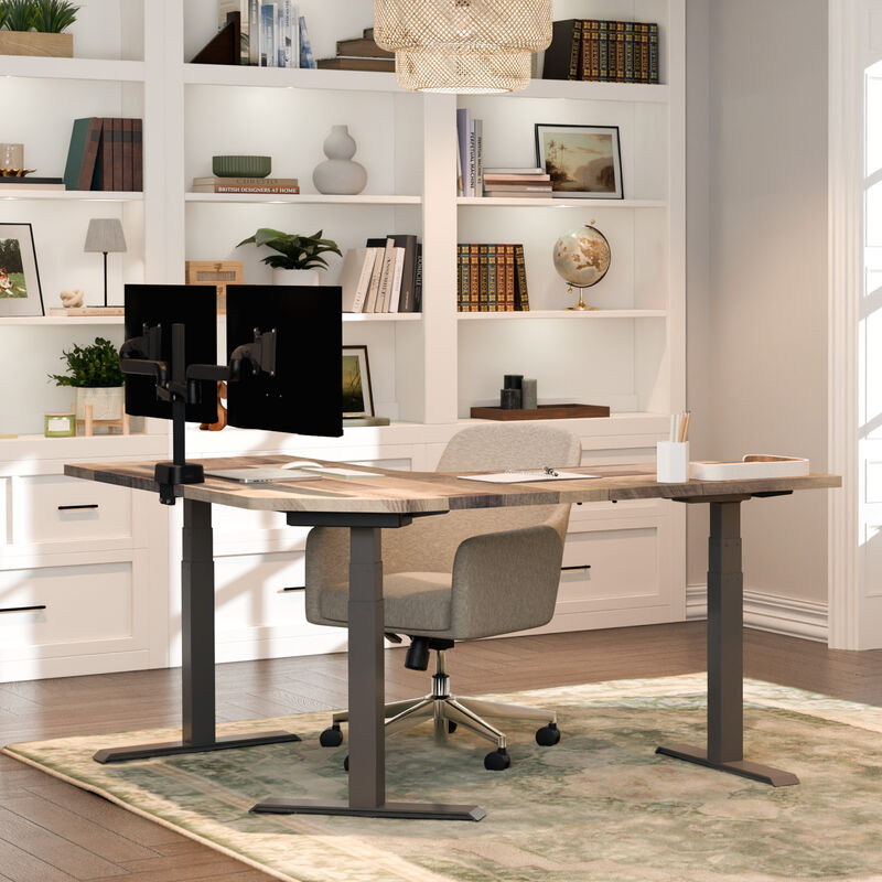 Vari L-Shape Electric Standing Desk 60x60 in Reclaimed Wood/Slate, staged corner workspace