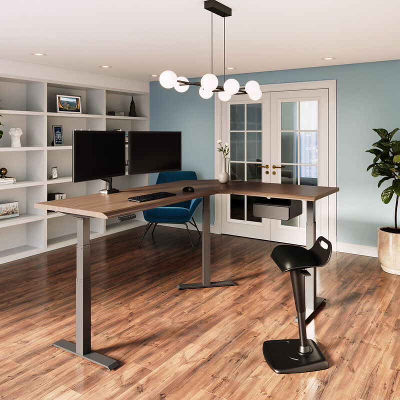Vari L-Shape Electric Standing Desk 80x60 in Walnut/Slate, staged office with reversible return