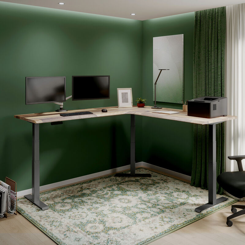 Vari L-Shape Electric Standing Desk 80x80 in Reclaimed Wood/Slate, staged corner office